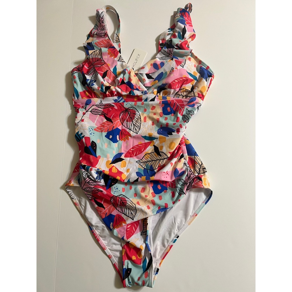 Holipick Womens Tropical Floral Ruffle One Piece Swimsuit Multicolor Size L NWT - Picture 2 of 8